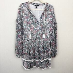 Aqua Womens Smocked Mini Dress Size XL Paisley Tiered Lace Metallic White